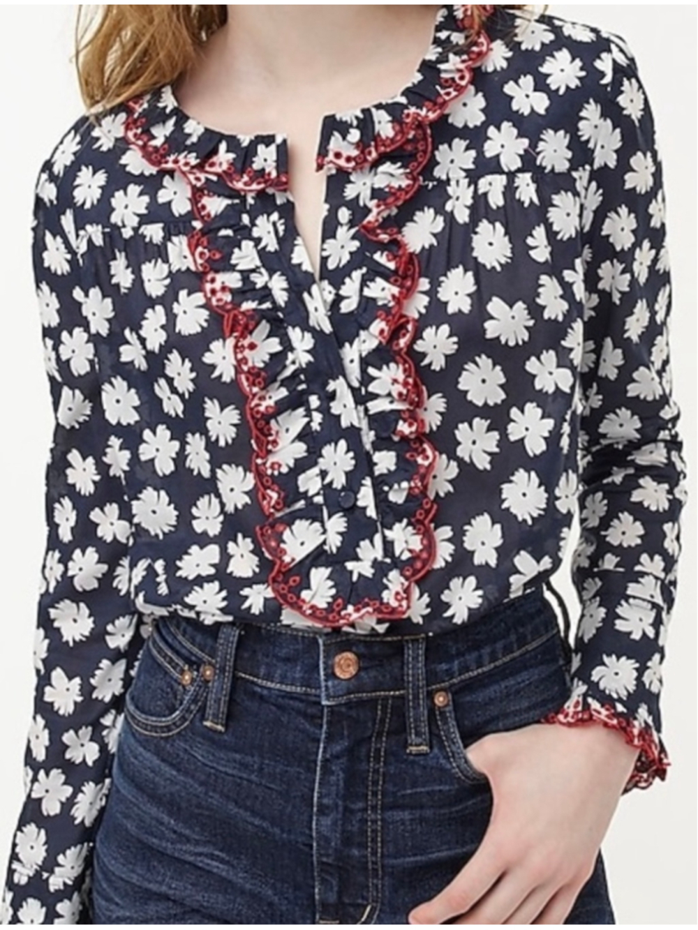 J.Crew Embroidered ruffle blouse in scattered daisies print Retro Boho Festival